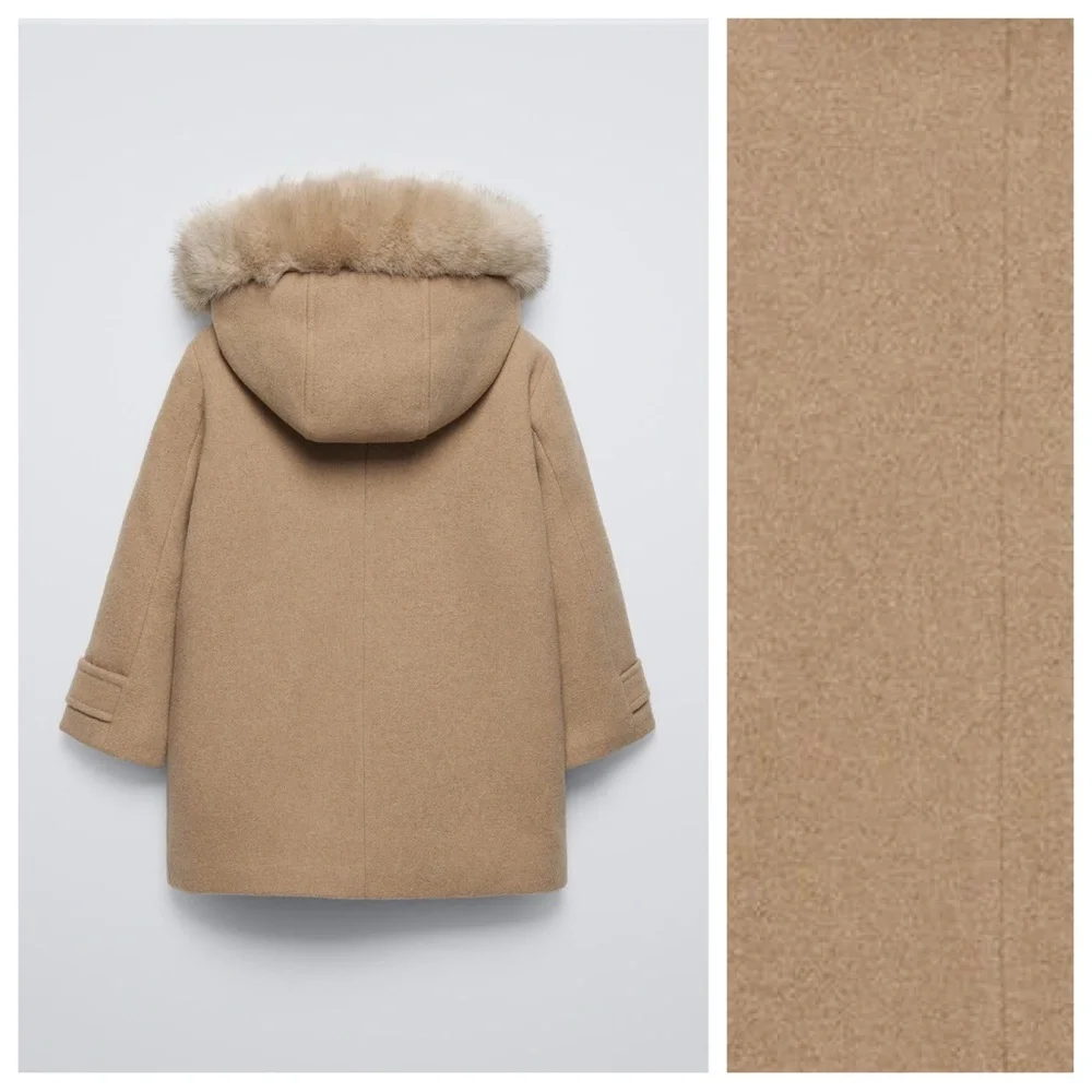 Zara Kids Light Brown Wool Blend Hooded Coat with Faux Fur Trim. Size 13-14.